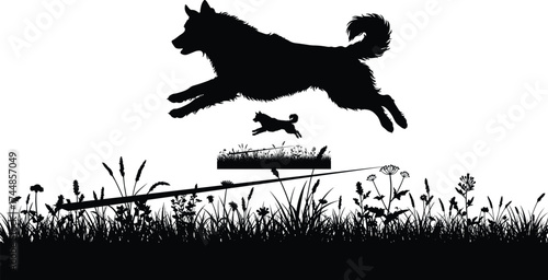 Silhouette of big and small dogs jumping over grass, animal motion scene, playful pets outdoors, freedom and energy vector illustration design concept
