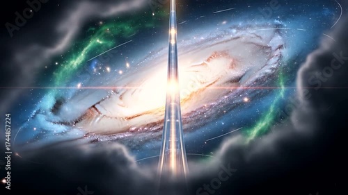 Cosmic Ascent: Towering Structure Reaching for Distant Galaxies and Celestial Depths