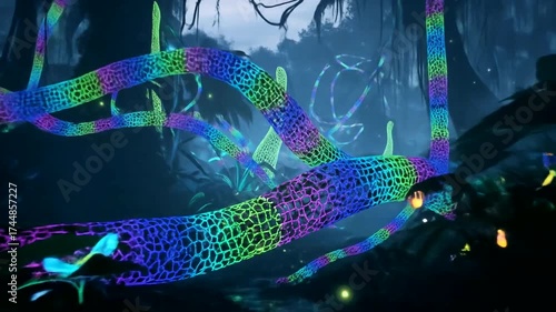 Mystical glowing plants in a dark enchanting forest create a magical atmosphere