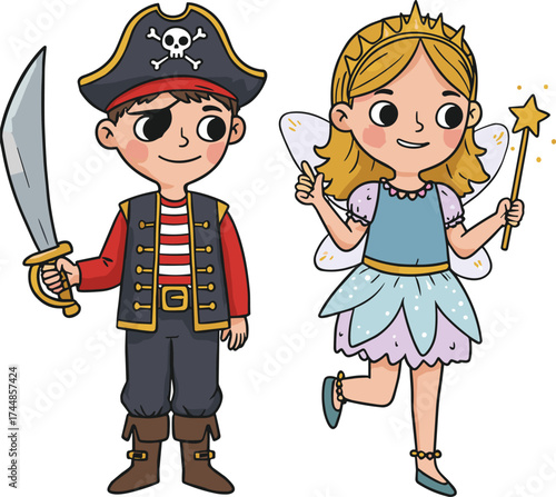Children in costume, pirate and fairy princess, imaginative play, dress-up activity, fantasy roleplay, childhood fun, magic wand, storytelling, teamwork, creativity