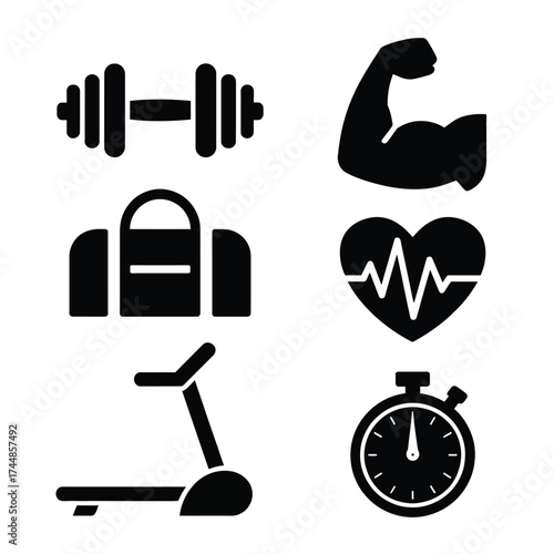 Set of 6 silhouette fitness icons vector scalable eps dumbbell gym bag bicep heart treadmill stopwatch silhouette vector illustration white background