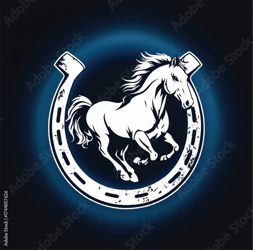 White Galloping Horse Inside Horseshoe with Glowing Blue Halo – Symbol of Strength, Speed, and Luck