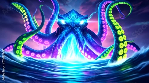 Epic Sea Monster Rising: A Neon Kraken Unleashes Its Power in a Stormy Ocean, an illustration