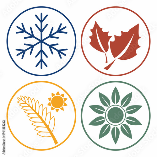 Four circular icons representing the four seasons winter snowflake autumn leaves summer sun and wheat and spring flower