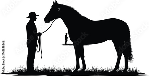 Silhouette of cowboy holding horse on grass field, rural lifestyle, animal care, country life, farm training, western ranch vector illustration