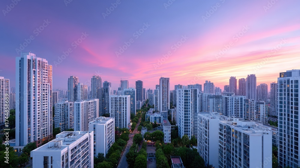 Obraz premium Urban Skyline Aerial View with Cinematic Hdr Lighting Cityscape Featuring White Buildings Under Pink and Purple Sky