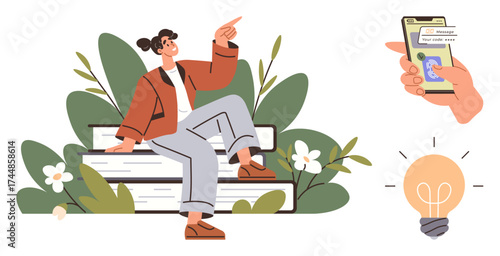 Woman sitting on books gesturing toward ideas, lightbulb symbolizing creativity, smartphone displaying virtual messaging. Ideal for education, innovation, communication, inspiration, technology