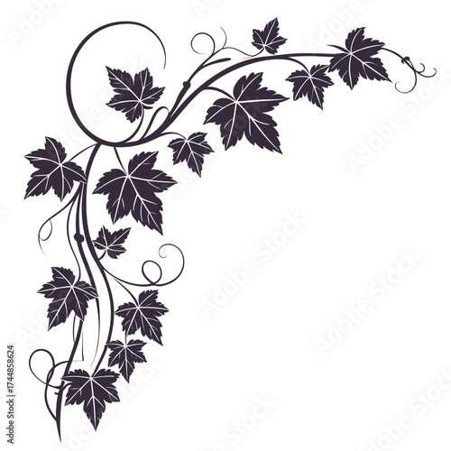 Elegant dark purple vine with swirling tendrils and detailed leaves forming a decorative corner element