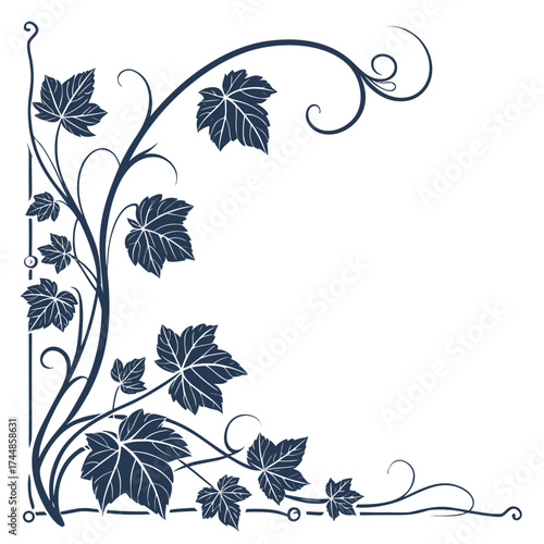 Elegant dark blue vine with leaves and swirling tendrils forming a decorative corner element