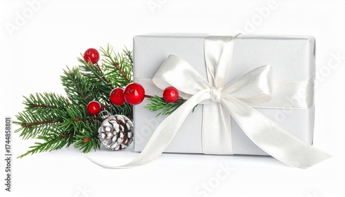 Christmas gift box with white ribbon, holly sprig, pine branches, and festive red accents.