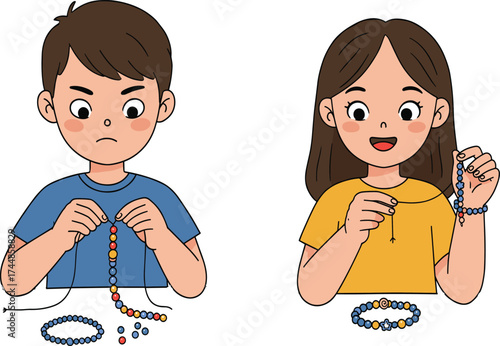 Children making bead bracelets, DIY craft activity, creative learning, teamwork, colorful beads, fine motor skills, classroom fun, happy kids, handmade art