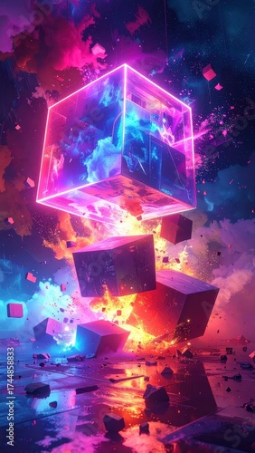 Wallpaper Mural Dynamic abstract artwork features a luminous, geometric structure within a vibrant, swirling cloudscape, alongside exploding cubes and a glowing, futuristic background, exhibiting a surreal and... Torontodigital.ca