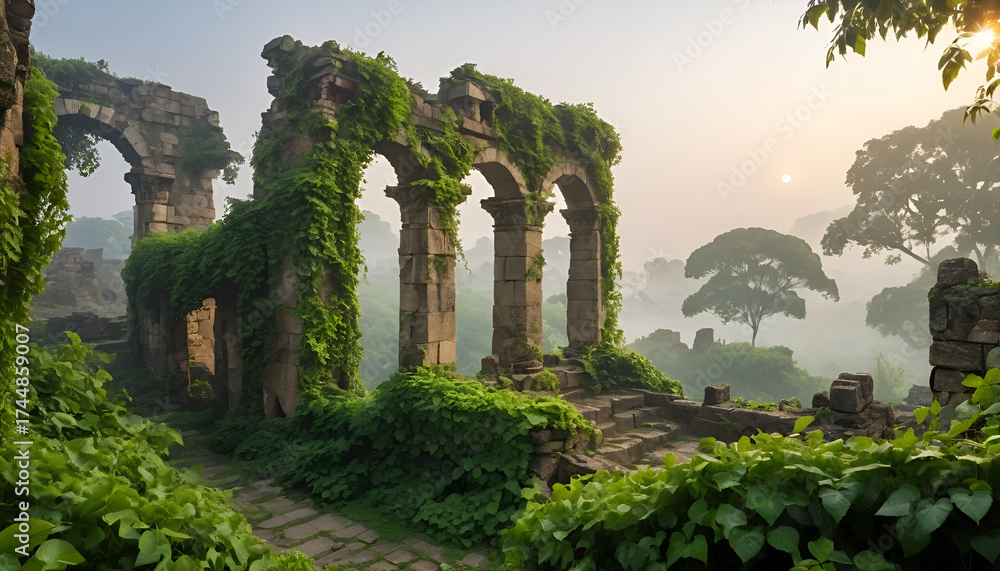 Fototapeta premium Misty Morning over Ancient Ruins Covered with Vines