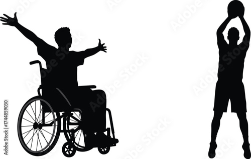 Silhouette of disabled man in wheelchair celebrating with arms raised and athlete holding basketball, inclusion, motivation, teamwork, disability awareness vector illustration