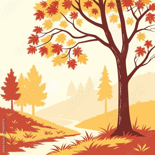 Stylized autumn landscape with a winding river and colorful trees in warm red and yellow hues