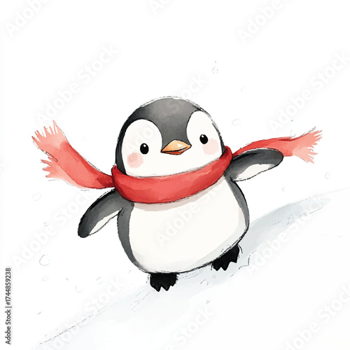 Cute penguin with a red scarf happily spreading its wings and enjoying the winter.
