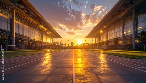 Urban Sunset View Between Glass Buildings with Warm Light Reflecting on Pavement and Ornate Pattern Overlay in Cityscape Perspective