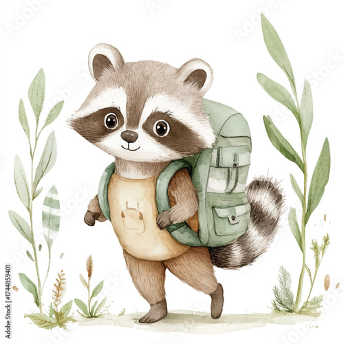 Cute Raccoon Character with Backpack Ready for Adventure.