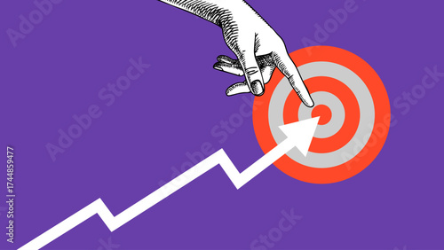 Rising arrow chart and sketch hand pointing to center of dartboard. Achieve goal and target, business goal, success design, concept trendy modern collage. Hand drawn vector illustration.