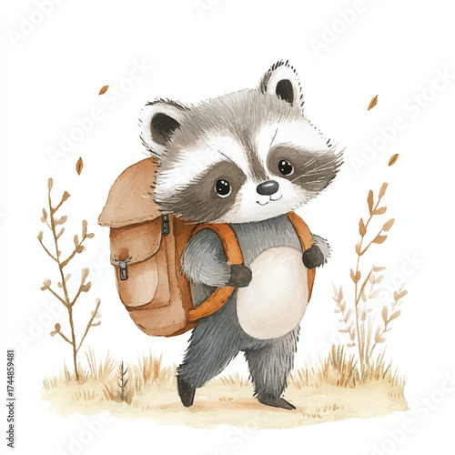 Cute raccoon with backpack ready for an outdoor adventure in nature.