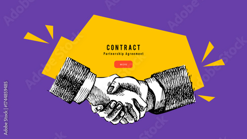 Trendy collage with sketch handshake, business contract, agreement, partnership, cooperation, success, trust. Concept of teamwork, deal, corporate collaboration. Retro hand drawn vector illustration.