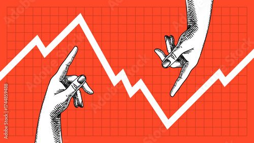 Trendy collage of sketch hands pointing up and down with red zigzag market trends line. Business growth, financial, data analytics, economic design. Retro hand drawn vector illustration.