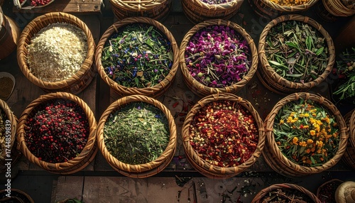 Variety of Colorful Dried Herbs and Spices in Woven Baskets at a Market Under Bright Overhead Lighting
