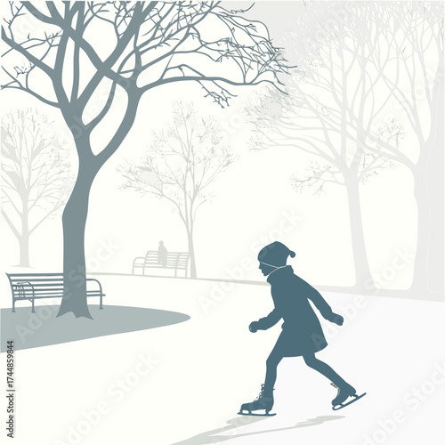 A lone figure skates across a snowy park with bare trees and benches on a cold winter day