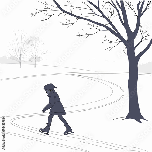 A lone child wearing a hat and coat skates on a frozen path through a snowy winter landscape with bare trees