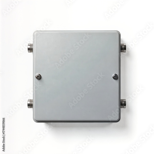 Gray electrical junction box with metal connections on white background  