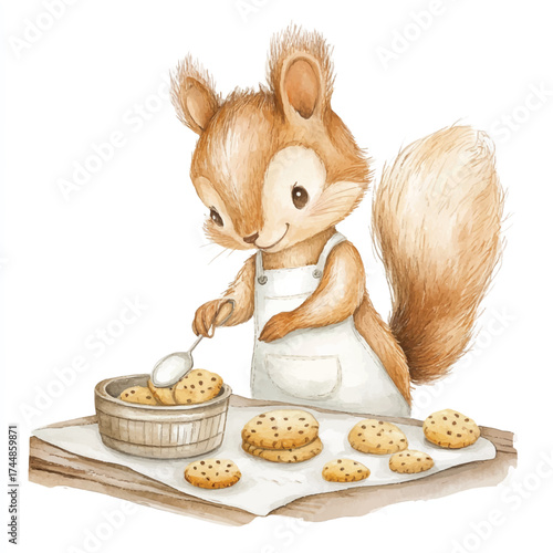 Cute squirrel baking cookies wearing an apron and chef hat.