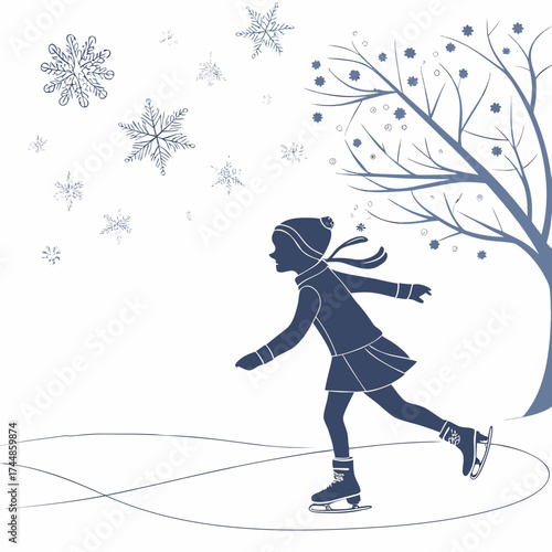 Young girl figure skating gracefully on an ice rink surrounded by falling snowflakes and a bare winter tree