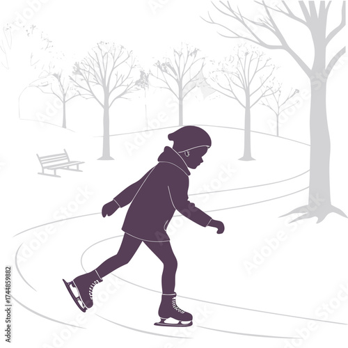 Silhouette of a child ice skating in a park with bare trees and a bench during winter