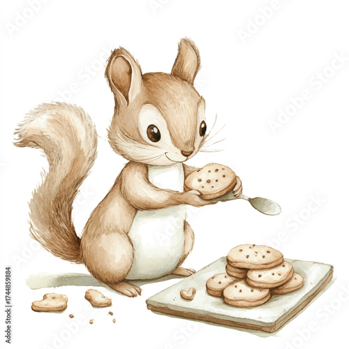 Cute squirrel eating cookies on a wooden board.