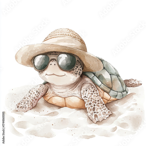 Cute turtle wearing sunglasses and a hat on the beach.