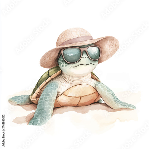 Cute turtle wearing sunglasses and a hat ready for vacation.