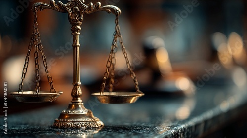 Elegant gold scales of justice symbolize fairness and law, ideal for legal blogs, financial services websites, and promoting ethical business practices
