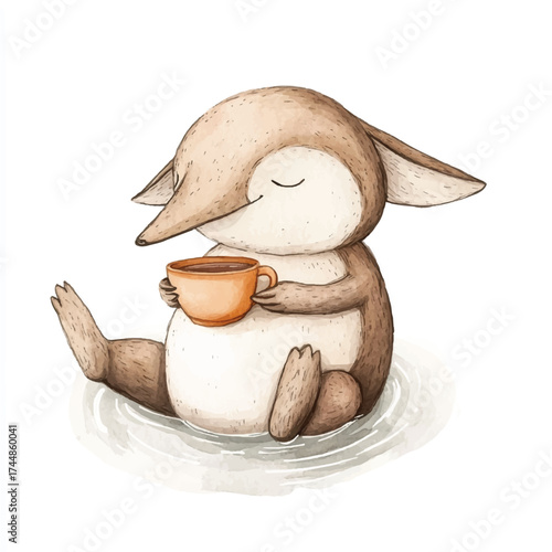 Cute watercolor animal character sitting and enjoying a warm drink.