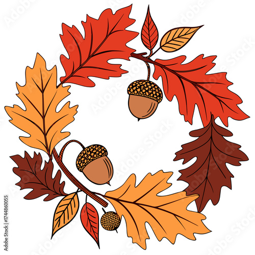 Decorative autumn wreath composed of oak leaves in warm colors and acorns on a white background