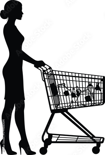 Silhouette of elegant woman shopping with cart full of groceries, retail lifestyle concept, supermarket illustration, consumer activity vector design