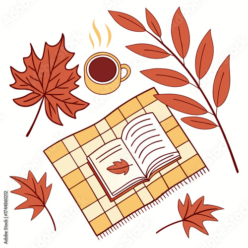 Cozy autumn scene with a warm cup of coffee an open book and fallen leaves on a checkered blanket