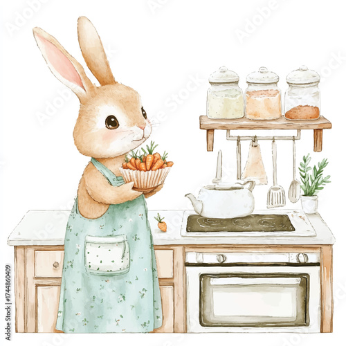 Cute watercolor bunny in an apron holding a basket of carrots.