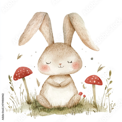 Cute watercolor bunny meditating peacefully surrounded by nature.