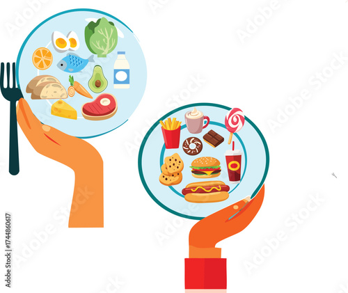 Vector infographic comparing healthy and junk food in a simple and colorful flat style. Useful for school materials, wellness blogs, diet tips and health campaign designs promoting better eating habit