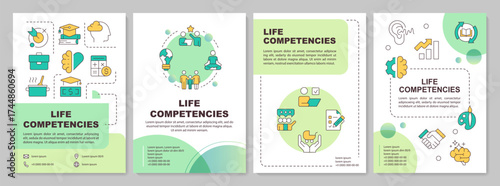 Life competencies green circle brochure layout. Ability to handle daily challenges. Leaflet advertising design with color line icons. Editable 4 pages. Arial-Bold, Myriad Pro-Regular fonts used