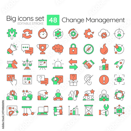 Change management line color icons set. Integrating new vision of organization. Business development. Solutions. Vector illustrations. Simple flat colorful symbols collection. Editable stroke