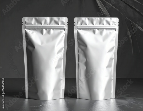 Wallpaper Mural Two metallic stand-up pouches are displayed in a  setting, showcasing the design for food packaging or product branding, presented on a reflective surface, with a dark, textured backdrop and subtle... Torontodigital.ca