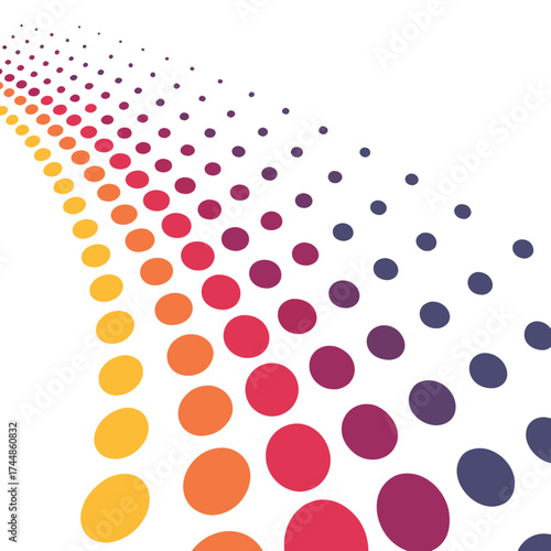 Abstract perspective of colorful dots fading into the distance on a white background representing data flow