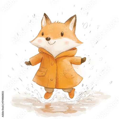 Cute watercolor fox character in a raincoat jumping happily.