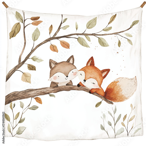 Cute watercolor foxes sleeping on a tree branch.